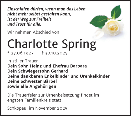 Traueranzeige von Charlotte Spring von Trauerkombi Merseburg
