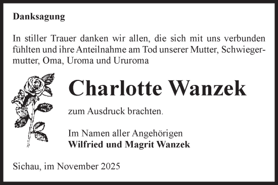 Traueranzeige von Charlotte Wanzek von Volksstimme Altmark West