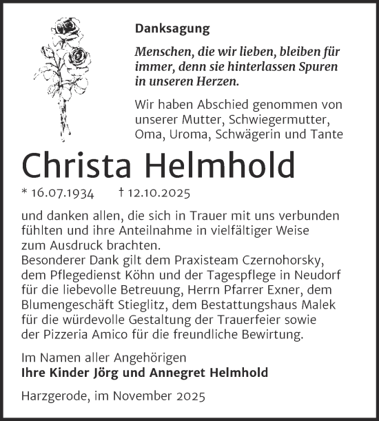 Traueranzeige von Christa Helmhold von Trauerkombi Quedlinburg