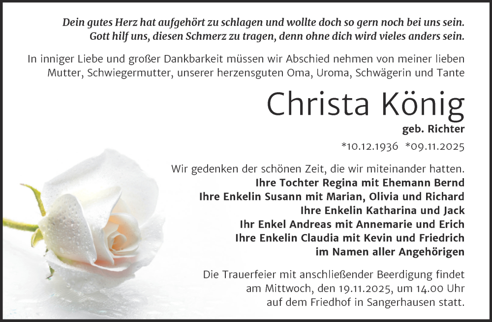  Traueranzeige für Christa König vom 15.11.2025 aus Trauerkombi Sangerhausen