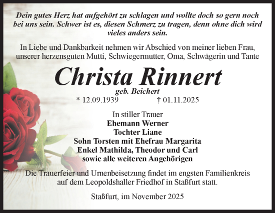 Traueranzeige von Christa Rinnert von Volksstimme Staßfurt