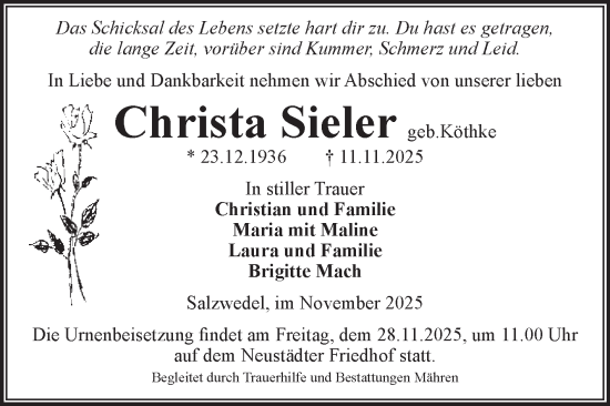 Traueranzeige von Christa Sieler von Volksstimme Altmark West