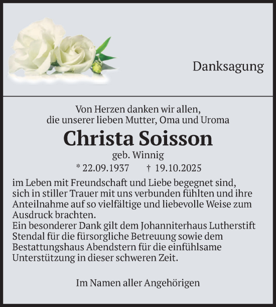 Traueranzeige von Christa Soisson von Volksstimme Altmark Ost