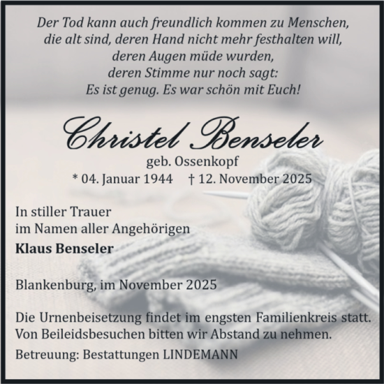 Traueranzeige von Christel Benseler von Volksstimme Wernigerode