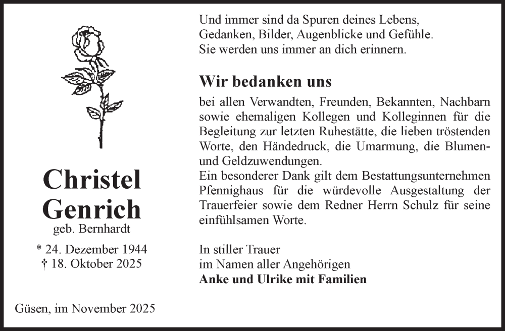  Traueranzeige für Christel Genrich vom 15.11.2025 aus Volksstimme Burg/Genthin