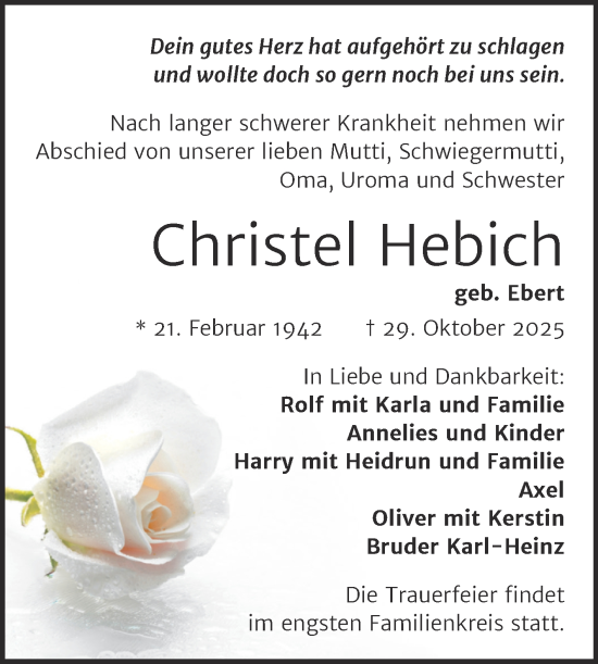 Traueranzeige von Christel Hebich von Trauerkombi Dessau