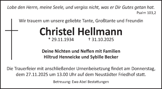 Traueranzeige von Christel Hellmann von Volksstimme Magdeburg