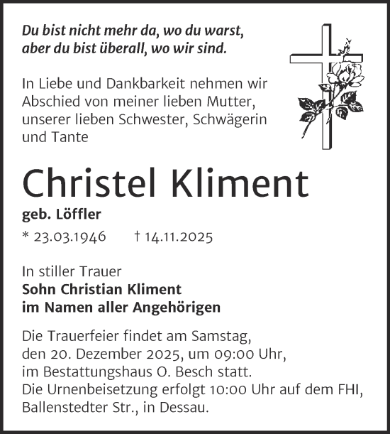 Traueranzeige von Christel Kliment von Trauerkombi Dessau