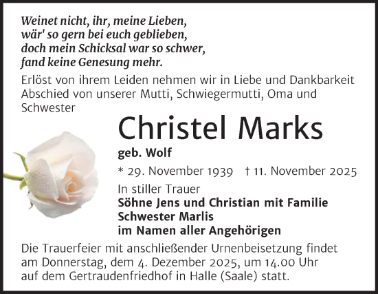 Traueranzeige von Christel Marks von Mitteldeutsche Zeitung Halle/Saalkreis