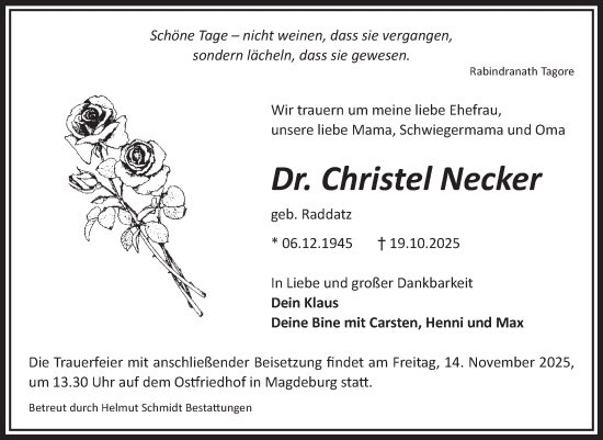 Traueranzeige von Christel Necker von Volksstimme Magdeburg