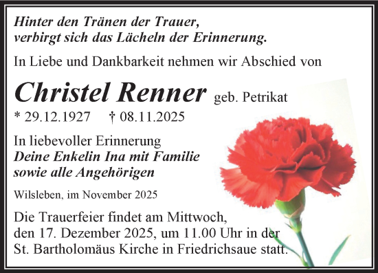 Traueranzeige von Christel Renner von Trauerkombi Aschersleben