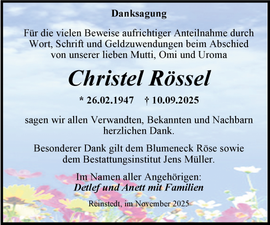 Traueranzeige von Christel Rössel von Trauerkombi Quedlinburg