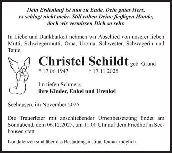 Traueranzeige von Christel Schildt von Volksstimme Oschersleben/Wanzleben