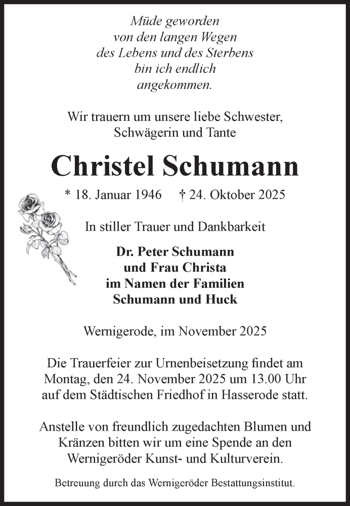  Traueranzeige für Christel Schumann vom 08.11.2025 aus Volksstimme Wernigerode