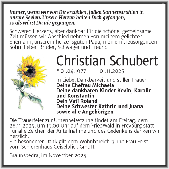 Traueranzeige von Christian Schubert von Trauerkombi Merseburg