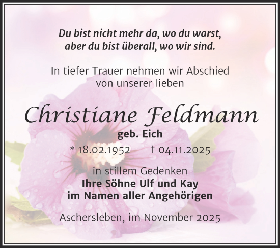 Traueranzeige von Christiane Feldmann von Trauerkombi Aschersleben