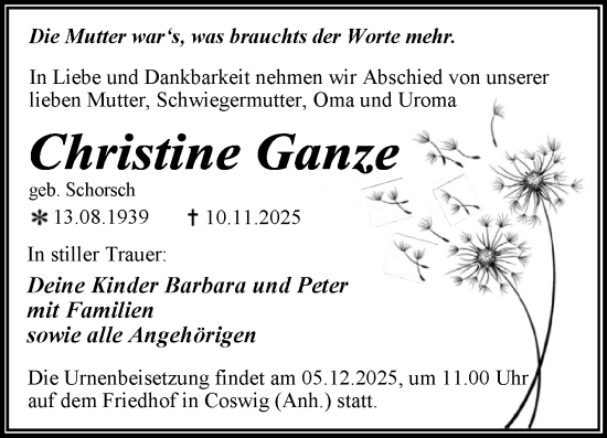 Traueranzeige von Christine Ganze von Trauerkombi Wittenberg