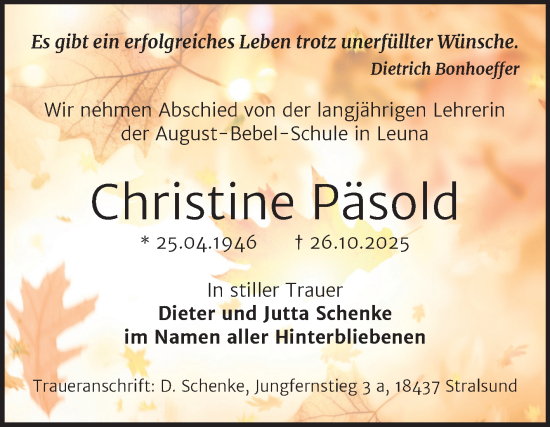 Traueranzeige von Christine Päsold von Trauerkombi Merseburg
