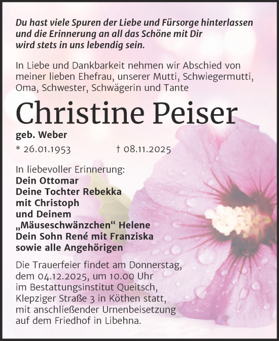Traueranzeige von Christine Peiser von Trauerkombi Köthen