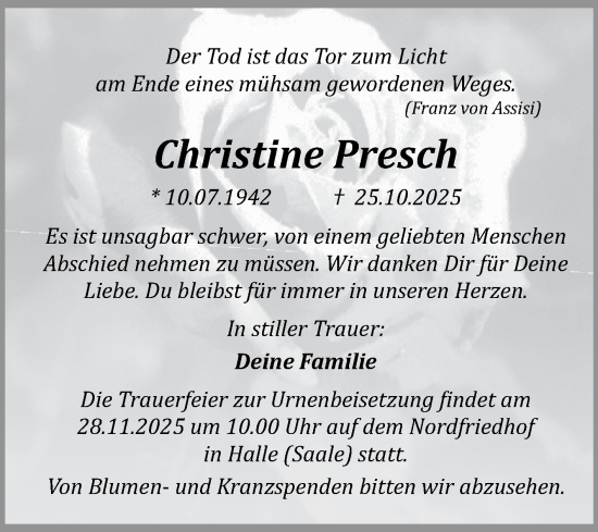 Traueranzeige von Christine Presch von Mitteldeutsche Zeitung Halle/Saalkreis