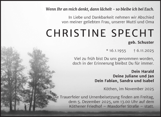 Traueranzeige von Christine Specht von Trauerkombi Köthen