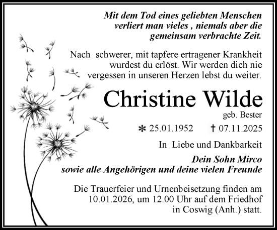 Traueranzeige von Christine Wilde von Trauerkombi Wittenberg
