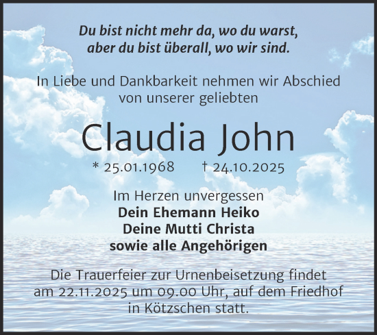 Traueranzeige von Claudia John von Trauerkombi Merseburg