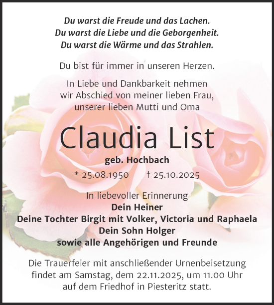 Traueranzeige von Claudia List von Trauerkombi Wittenberg