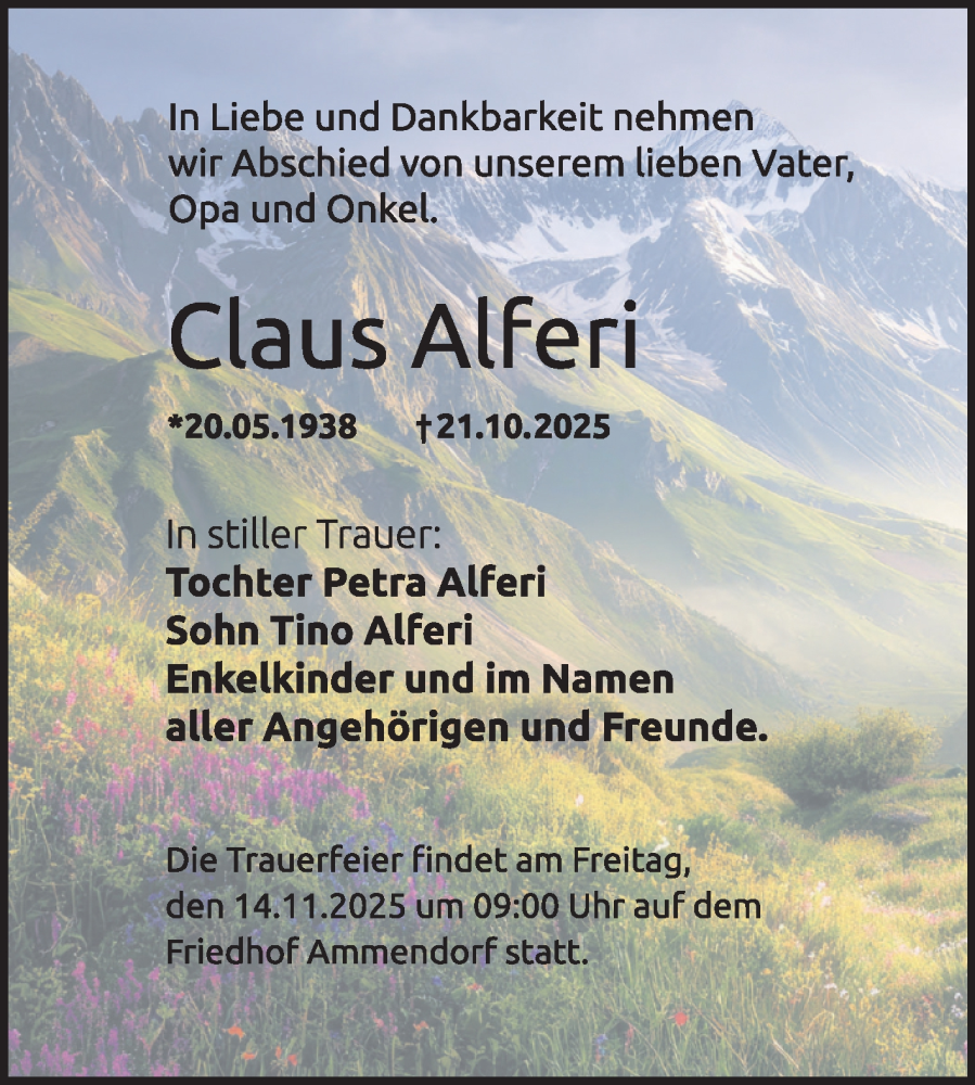  Traueranzeige für Claus Alferi vom 08.11.2025 aus Mitteldeutsche Zeitung Halle/Saalkreis