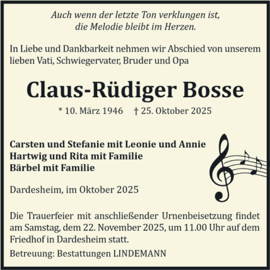 Traueranzeige von Claus-Rüdiger Bosse von Volksstimme Halberstadt