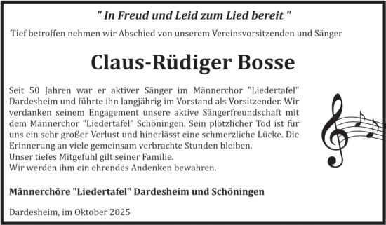 Traueranzeige von Claus-Rüdiger Bosse von Volksstimme Halberstadt