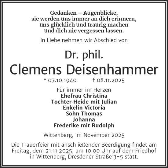 Traueranzeige von Clemens Deisenhammer von Trauerkombi Wittenberg