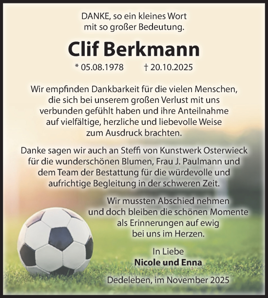 Traueranzeige von Clif Berkmann von Volksstimme Halberstadt