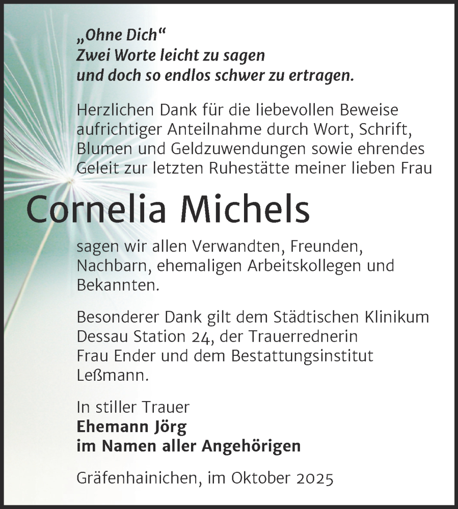  Traueranzeige für Cornelia Michels vom 01.11.2025 aus Trauerkombi Wittenberg