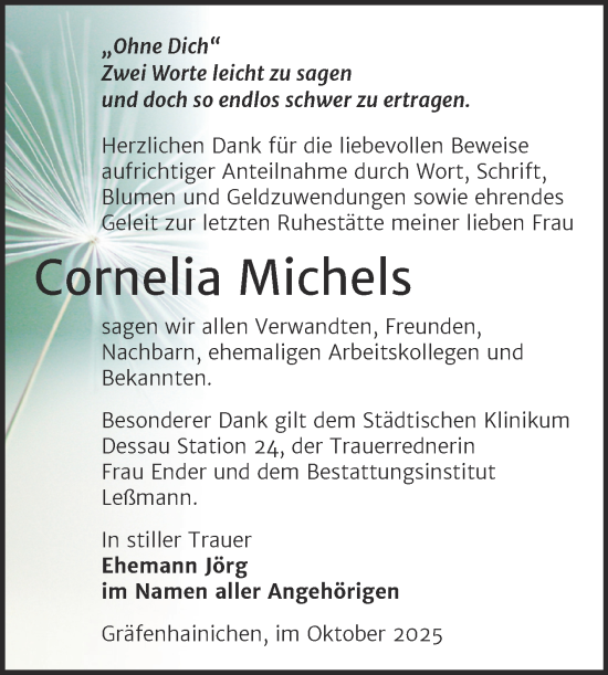 Traueranzeige von Cornelia Michels von Trauerkombi Wittenberg