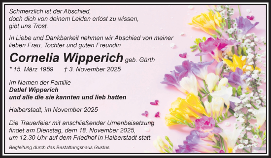Traueranzeige von Cornelia Wipperich von Volksstimme Halberstadt