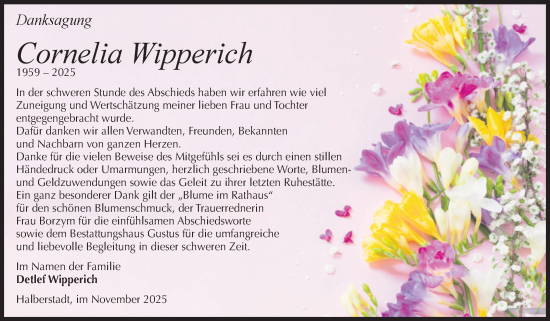 Traueranzeige von Cornelia Wipperich von Volksstimme Halberstadt