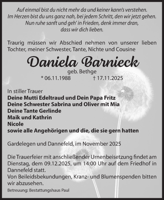 Traueranzeige von Daniela Barnieck von Volksstimme Altmark West