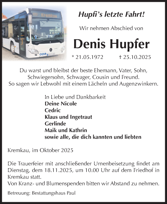 Traueranzeige von Denis Hupfer von Volksstimme Altmark West