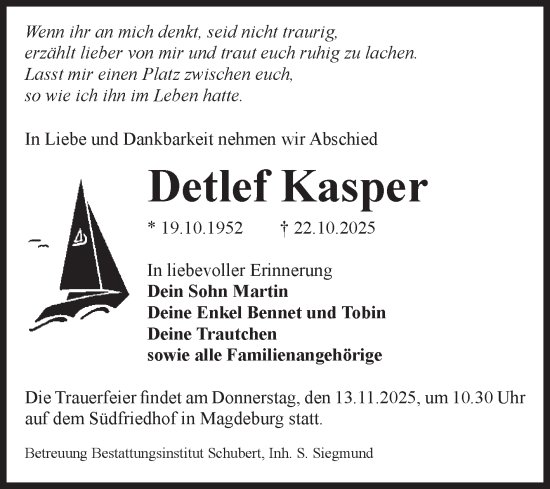 Traueranzeige von Detlef Kasper von Volksstimme Magdeburg