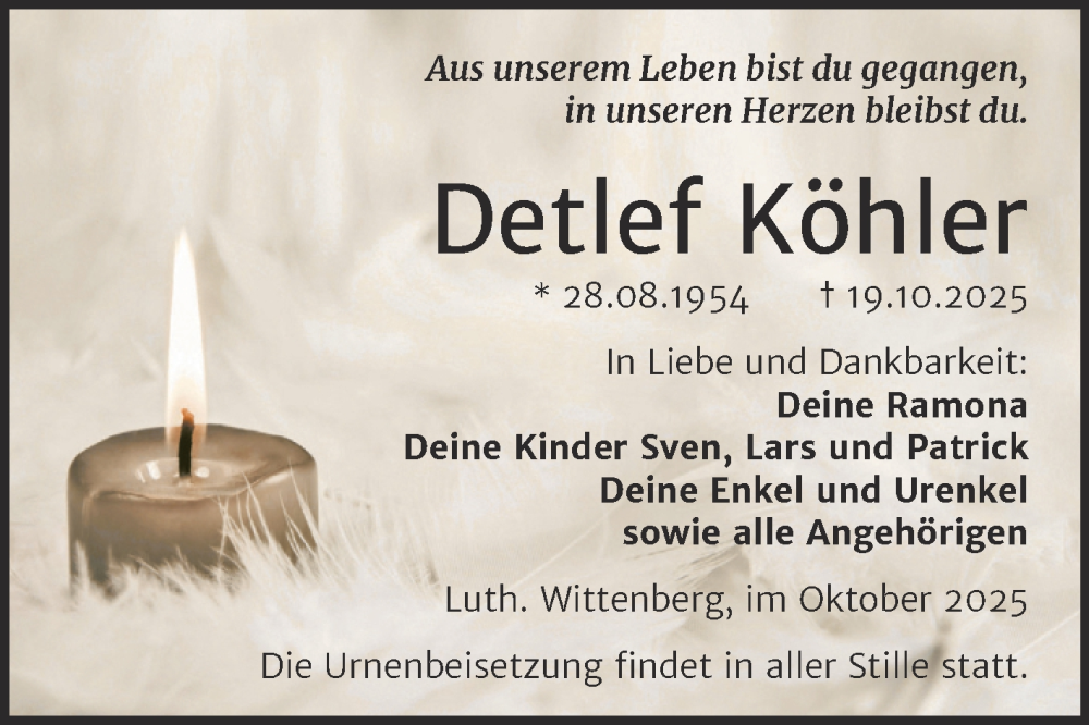  Traueranzeige für Detlef Köhler vom 01.11.2025 aus Trauerkombi Wittenberg