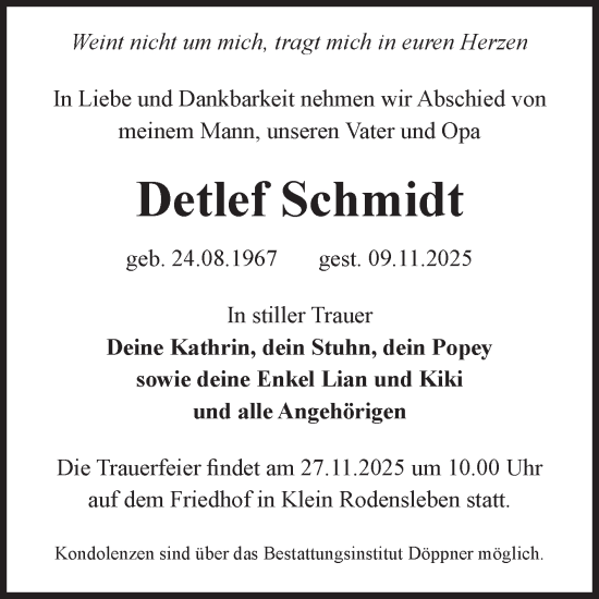 Traueranzeige von Detlef Schmidt von Volksstimme Oschersleben/Wanzleben