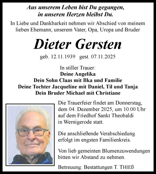 Traueranzeige von Dieter Gersten von Volksstimme Wernigerode