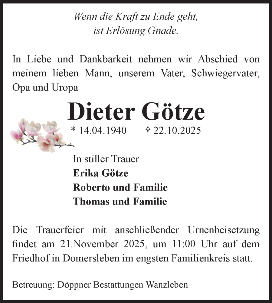  Traueranzeige für Dieter Götze vom 08.11.2025 aus Volksstimme Oschersleben/Wanzleben