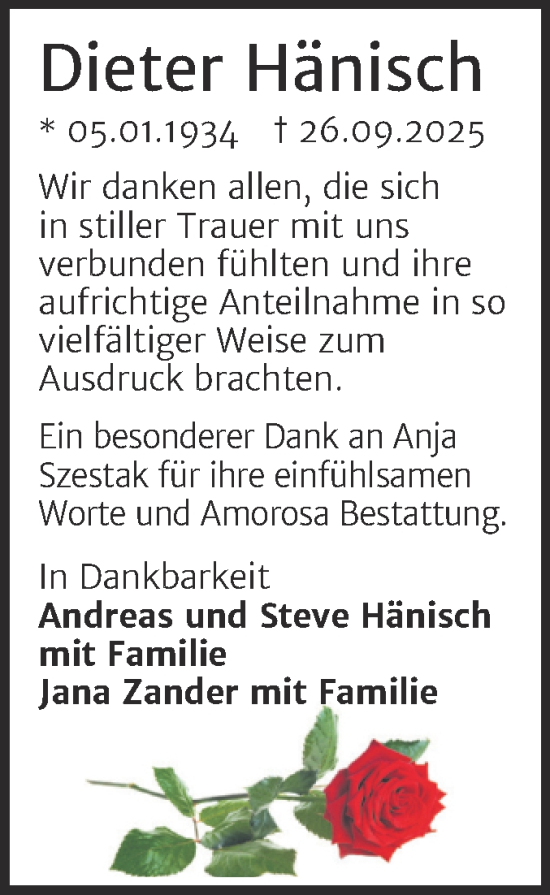 Traueranzeige von Dieter Hänisch von Trauerkombi Dessau