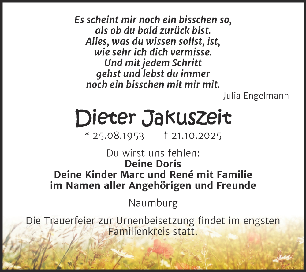  Traueranzeige für Dieter Jakuszeit vom 08.11.2025 aus Super Sonntag Naumburg/Nebra