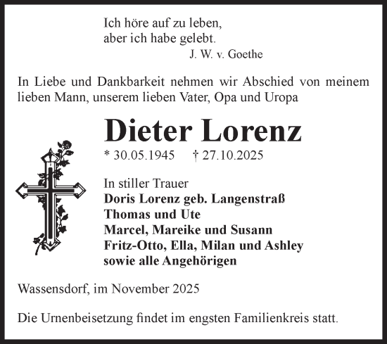 Traueranzeige von Dieter Lorenz von Volksstimme Altmark West