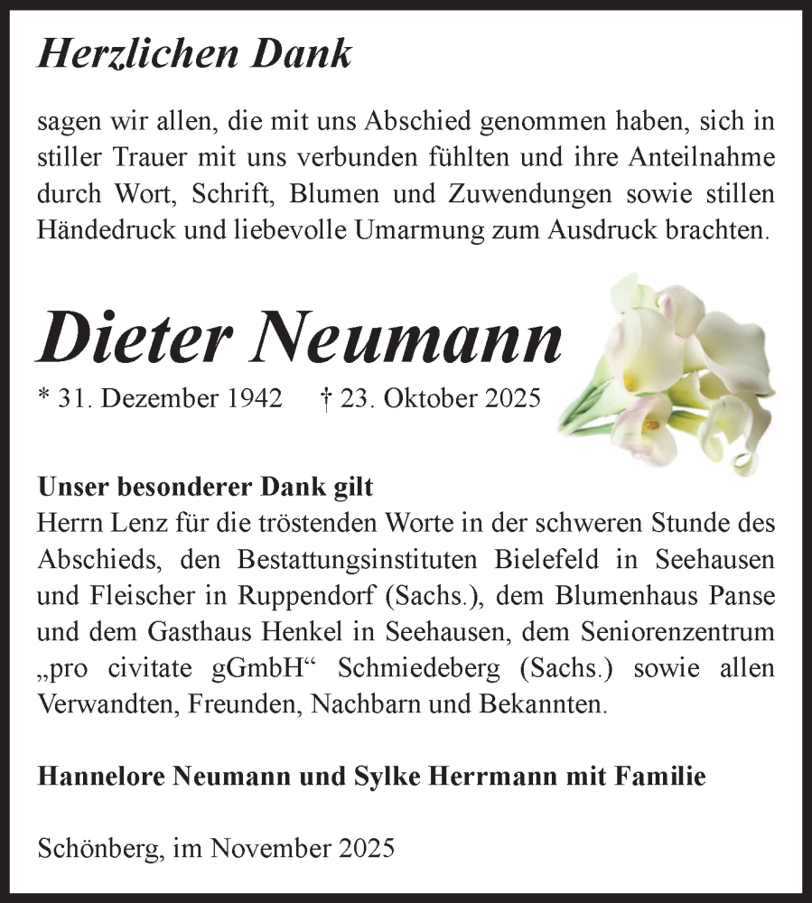  Traueranzeige für Dieter Neumann vom 22.11.2025 aus Volksstimme Altmark Ost