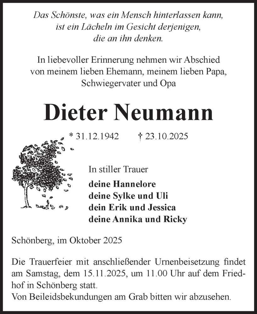  Traueranzeige für Dieter Neumann vom 01.11.2025 aus Volksstimme Altmark Ost