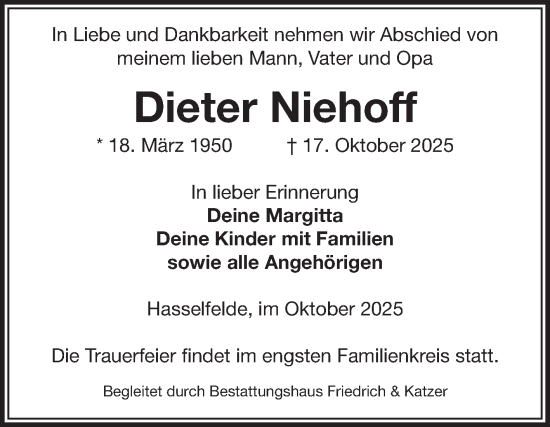 Traueranzeige von Dieter Niehoff von Volksstimme Wernigerode
